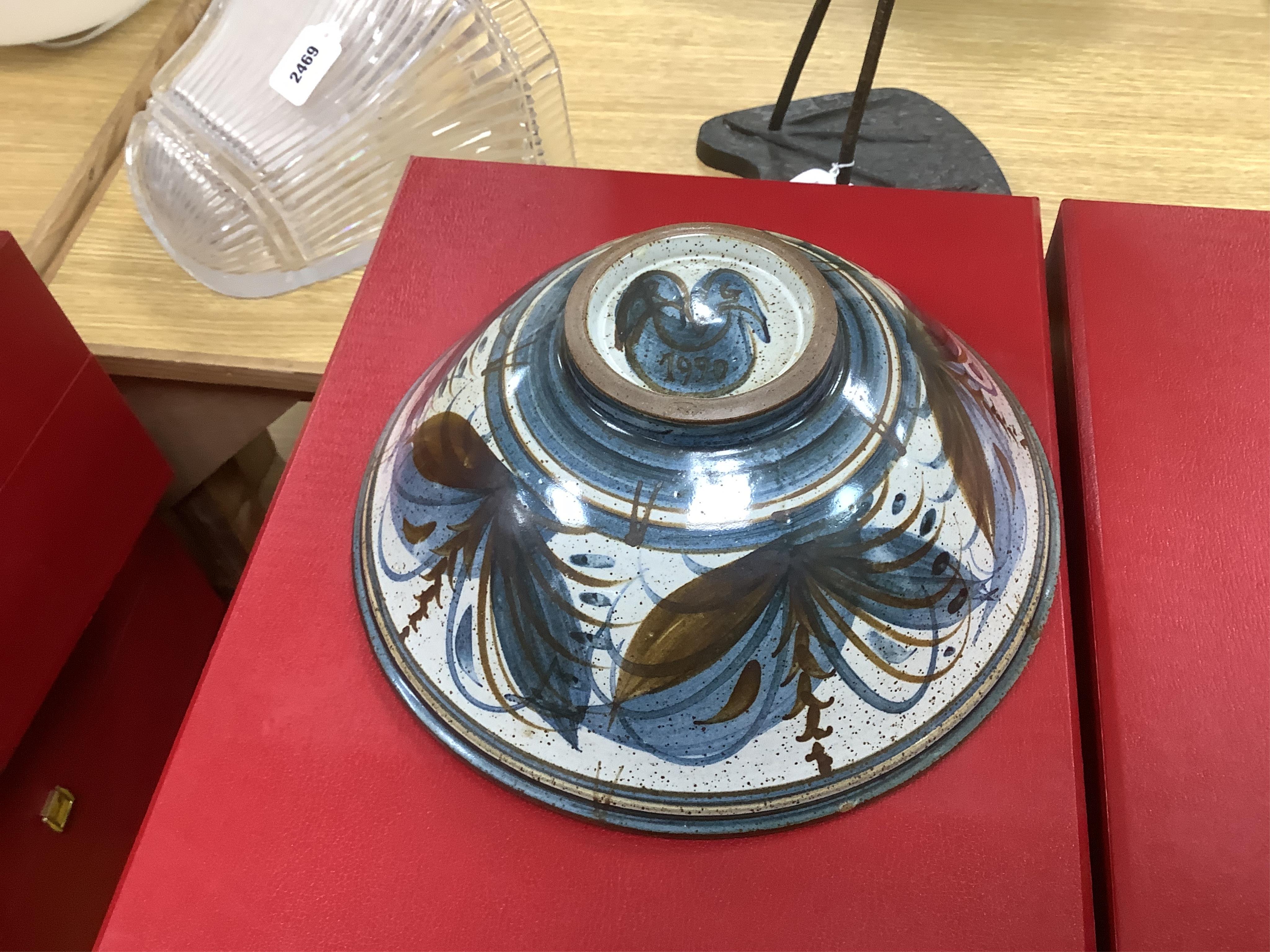 Jane Perryman, studio pottery bowl, impressed mark to the base, and another, signed RG and dated 1990, 32cm in diameter